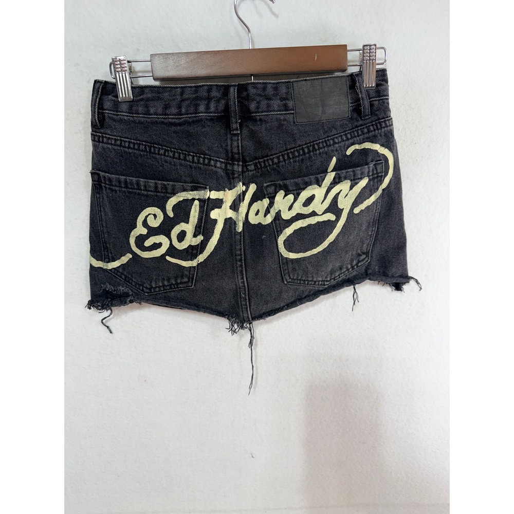 Ed Hardy Denim Cutoff Mini Skirt Panther Rose Distressed Women's S Black Tattoo